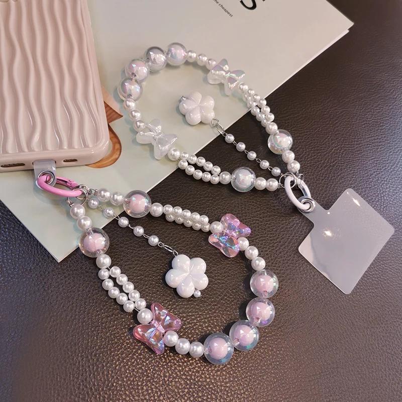 Mobile Phone Lanyard Short Style Wrist Pendant Pearl Chain Bow Flower Pendant Decoration Universal Phone Case Anti Loss Lanyard