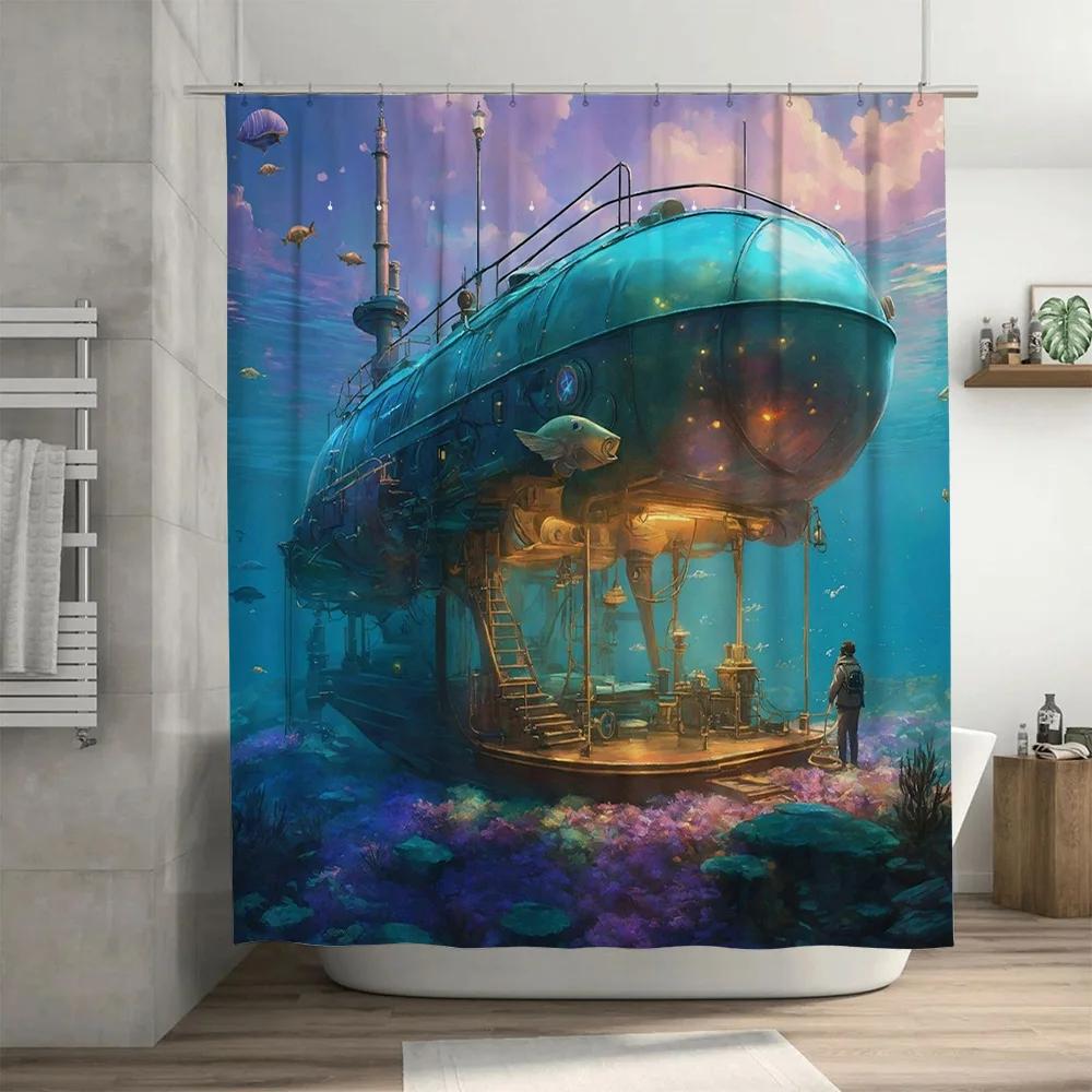 

Fantasy Ocean 3D Shower Curtain - Submarine & Underwater Theme For Bathroom Decor, Adds Adventure Atmosphere W60H190(CM)-1 Pcs
