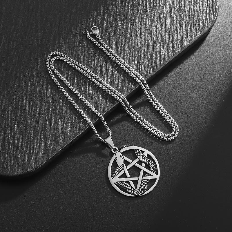 New European and American Five Pointed Star Coiled Snake Necklace Stainless Steel Pendant Neutral Style Titanium Steel