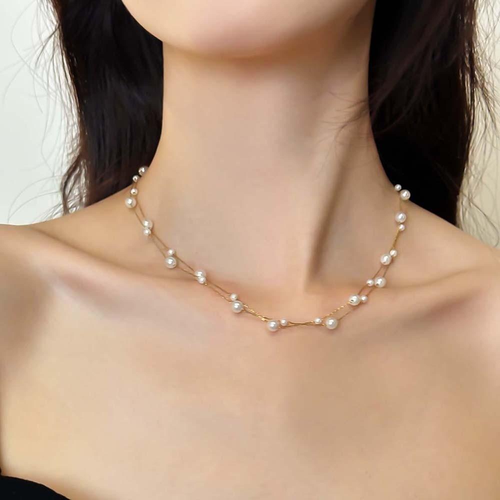 Titanium Steel Beaded Choker Necklace Exquisite Collarbone Chain Wedding Neck Pendant  Women