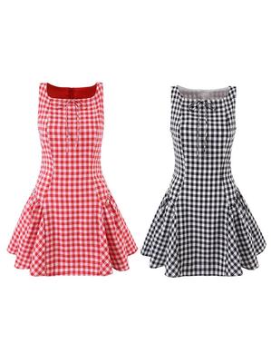 Koreanisches Retro-Karo-Korsettkleid - Ärmellos, Petite, Hot Girl Style Kurzer Rock