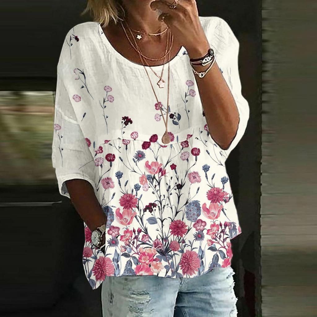 Damen Casual Mode Dreiviertelarm Locker Rundhals Floral Bedrucktes Oberteil