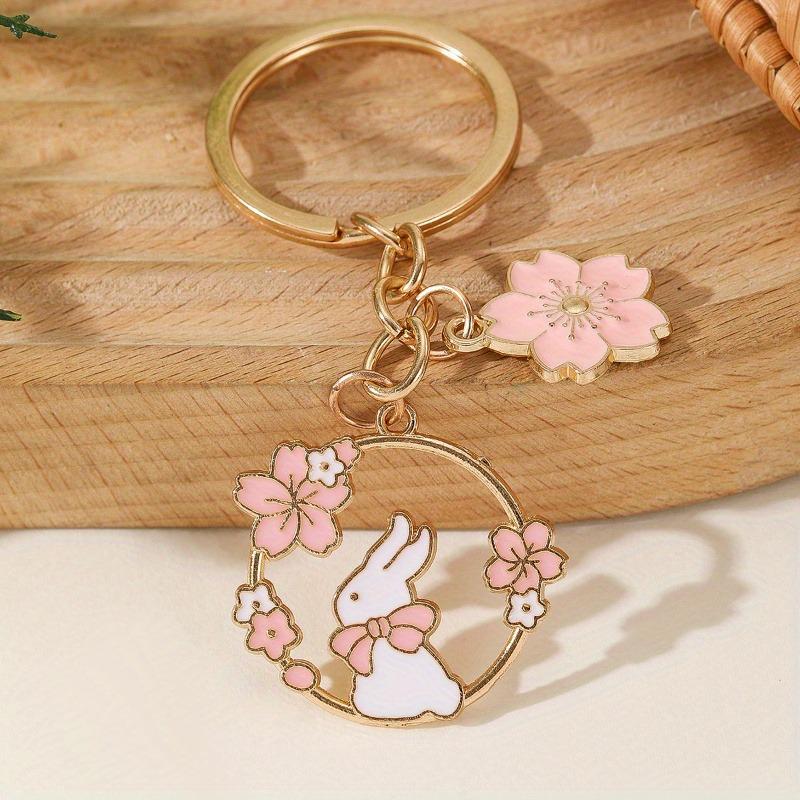 Cartoon Animal & Flower Wreath Keychain - Cherry Blossom & Rabbit Pendant Gift