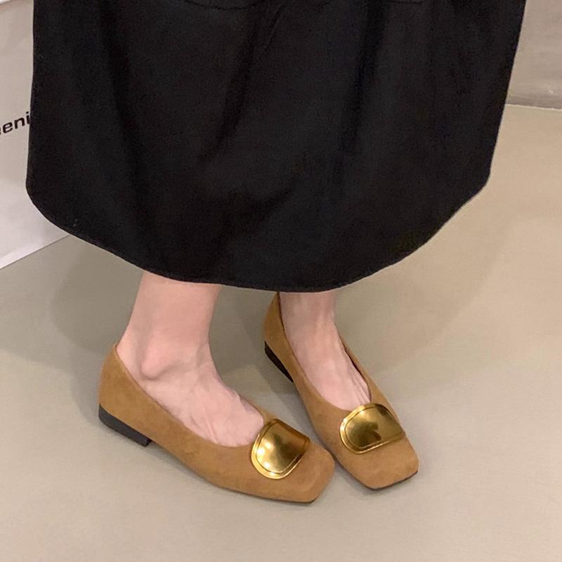 Fashion SUOJIALUN 2025 Autumn New Brand Women Flat Shoes Fashion Gold Buckle Square Toe Shallow Slip On Boat Shoes Flat Heel Single Shoe