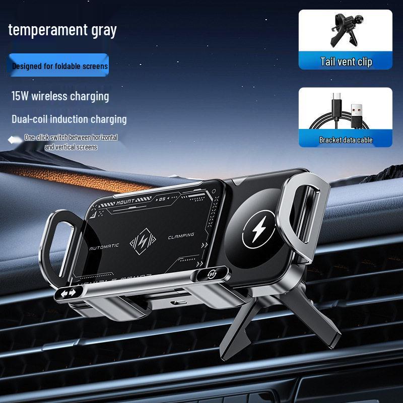 Foldable Wireless Charging Car Mount for Large Screen Phones, Compatible with Huawei X6, Samsung, and More.