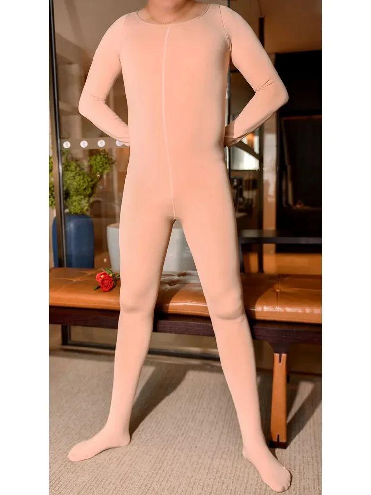 Unisex Thickness Warm Jumpsuit Round Neck Fleece Unitard Tights Bodystocking Penis Sheath Close Open Crotch Bodysuit Lingerie