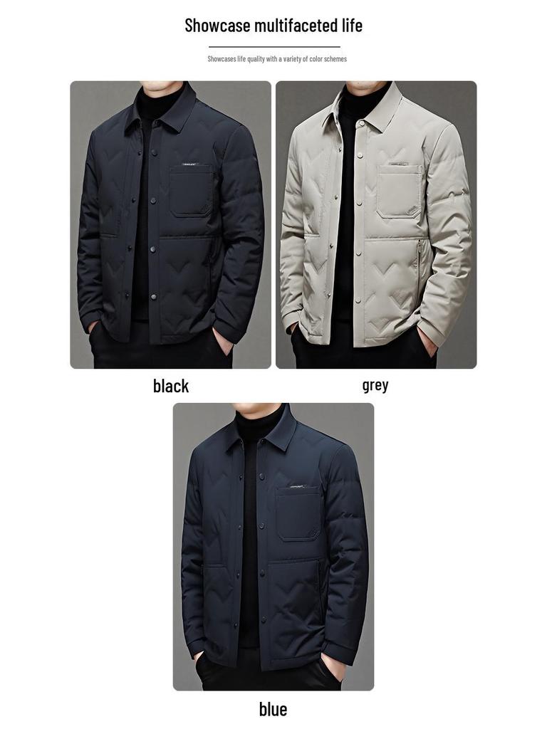 Men's White Shirt-Style Duck Down Jacket: Single-Breasted, Lapel, Warm, Business Casual Coat for Middle-Aged.