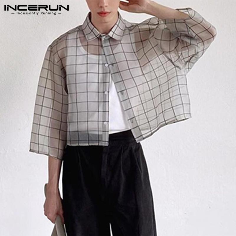 INCERUN Summer Mens See Through Baggy Short Sleeve Tops Up Plaid Shirts