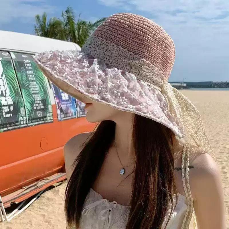 Summer new seaside vacation sunshade sunscreen hat women's lace flower splicing bucket hat fashionable foldable cool hat