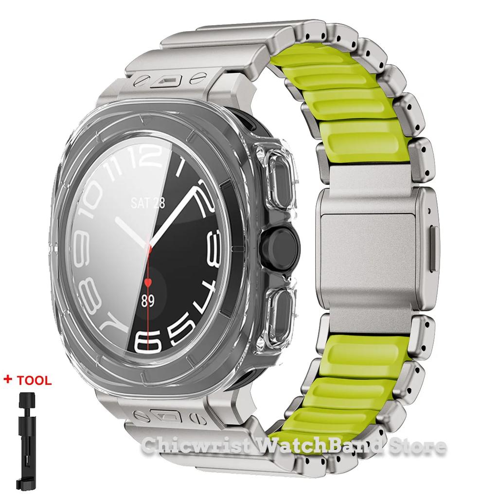 Armband+Hülle für Samsung Galaxy Watch Ultra 2025/7 ultra Edelstahl Gummiarmband Gehärtetes Glas Displayschutz Hülle aus Hart-PC