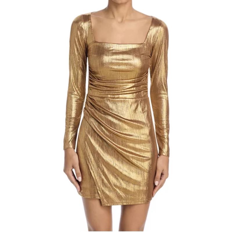 

Экспорт Однотонное Блестящее Квадратный Вырез Длинный Рукав Дизайн Волан на Бедре Неравномерное Платье Яркий Шелк Благородная Юбка GOLD 2XL