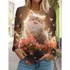 Women's Cute Cat Long Sleeve T-Shirt, Round Neck Long Sleeve Autumn Top, Festival Gift Clothing, Fashion Party T-Shirt