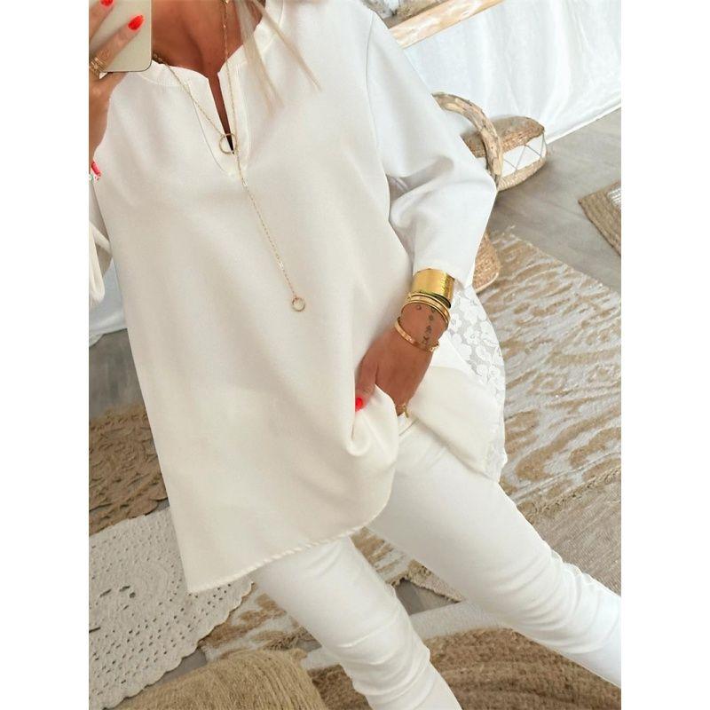 

Женская рубашка большого размера, повседневная кружевная блузка, рубашки с кружевной строчкой White 5XL