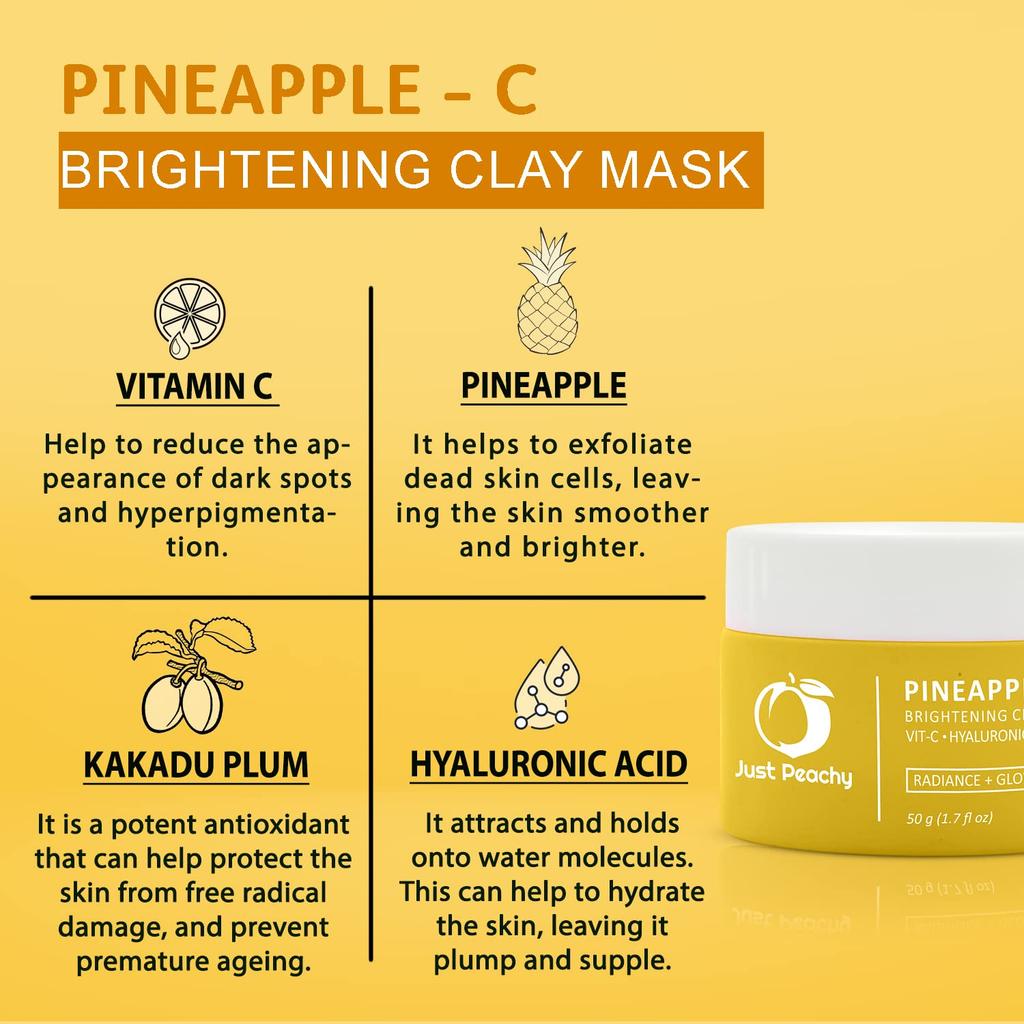 Just Peachy Pineapple - C Brightening Clay Mask With Vitamin C, Pineapple, Hyalururonic Acid And Kakadu Plum | All Skin Type | Radiance + Glow Boost