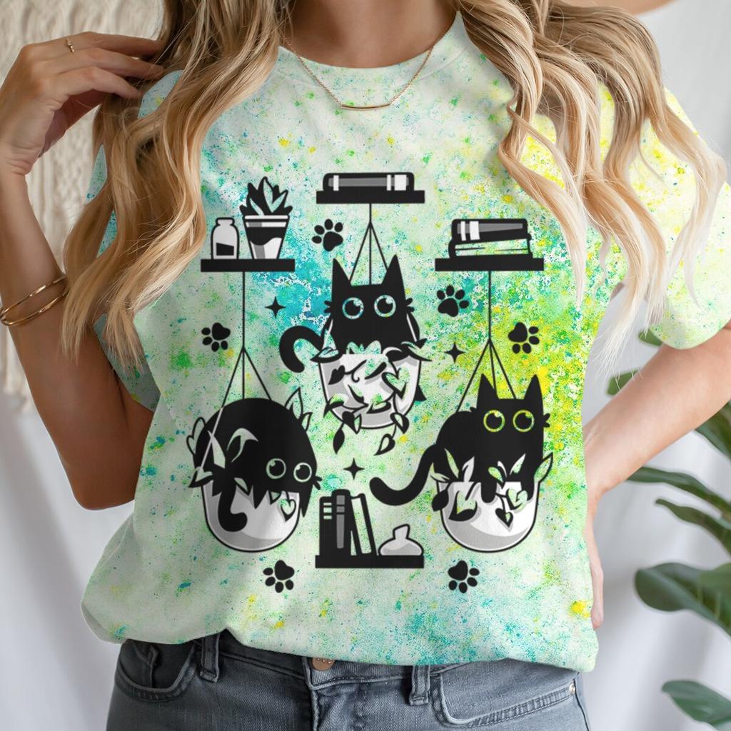 Women T-shirts New Ladies Casual Female Clothes Tops Black Cat Books Print Ladies Tees Tshirt Cartoon Graphic T-Shirt Clothing