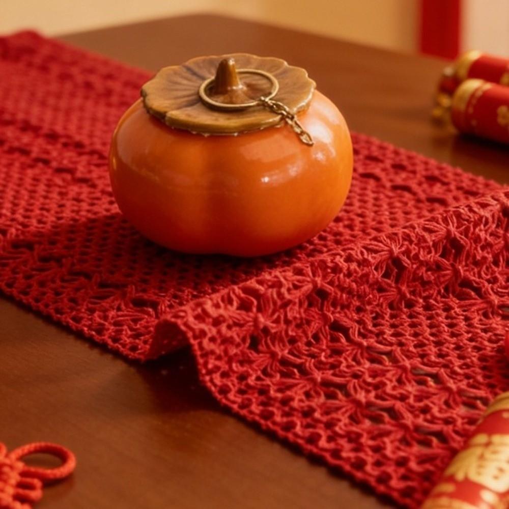 Camino de Mesa Decorativo de Año Nuevo Chino Tradicional Vintage Hueco con Borlas Runner Tira Larga Elegante Mantel Rojo