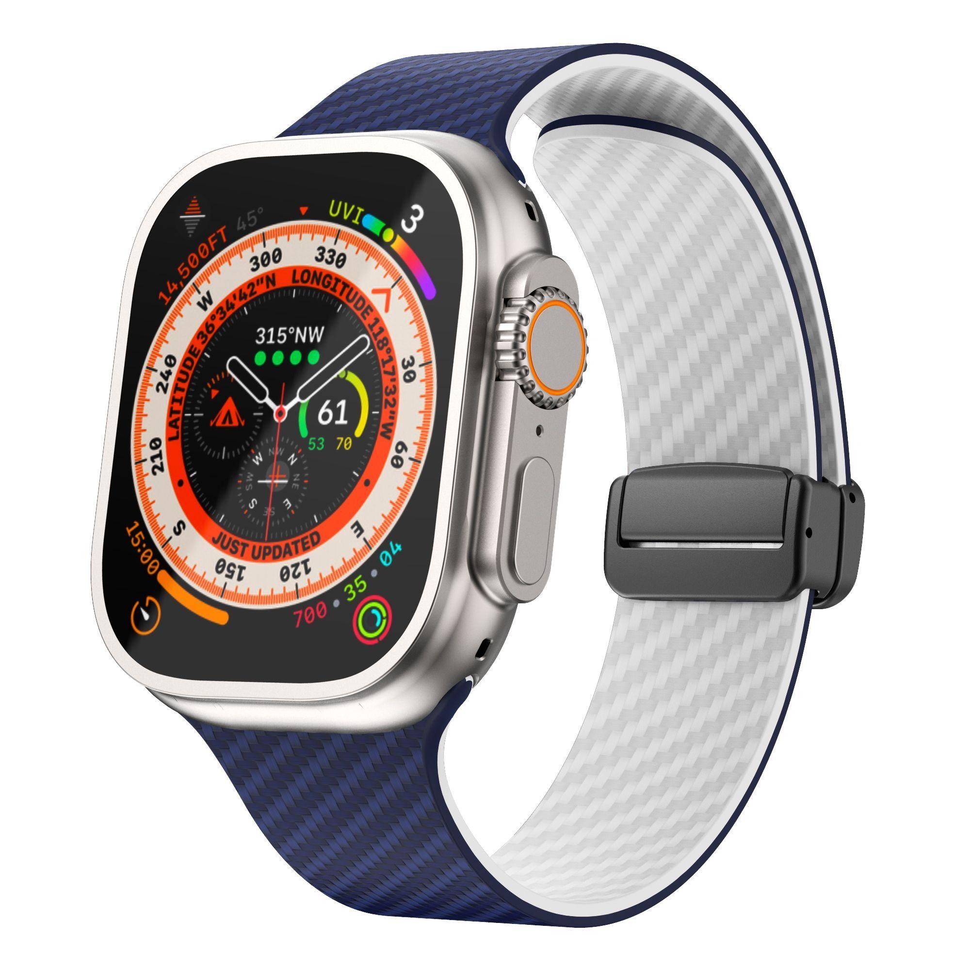 

Ремешок для часов Apple Watch с узором из углеродного волокна - двухцветный персонализированный ремешок для наручных часов с магнитной застежкой, водонепроницаемый для iWatch 9/8/6/5/4/3/2/1/se 38/40/41mm Silver Buckle