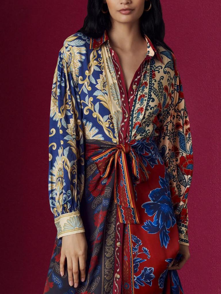 Women's Ethnic Style Printed Lapel Dress with Lace-Up - Mid-Length Banquet Attire
