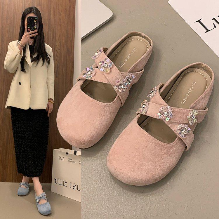 

French Premium Flower Baotou Slippers Women s Flat Sweet Gentle Lazy Semi-drag Casual Comfortable Pregnant Women Boken Shoes 40 розовый
