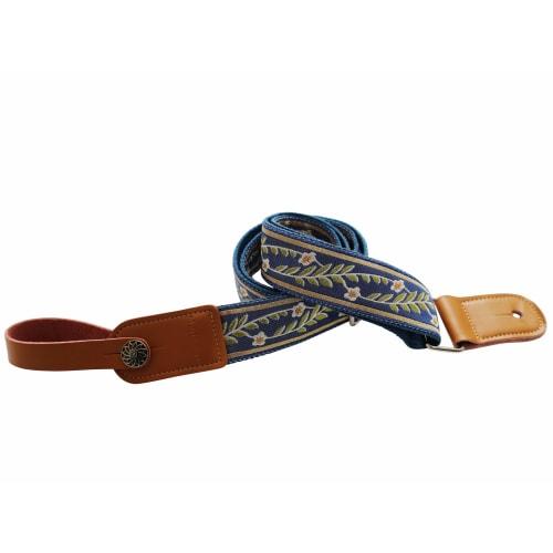 MUSIC FIRST Original Design Vintage Blue "Jasmine" Soft Mesh Belt & Genuine Leather Ukulele Strap, Ukulele Shoulder Strap with One Branded Strap Locke
