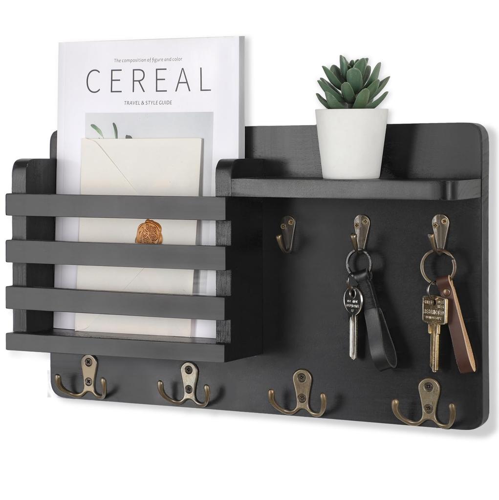 Mail Organizer for Wall Mount Rustic Wood with Key Hooks Hallway Farmhouse Decor Letter Sorter with Floating Shelf