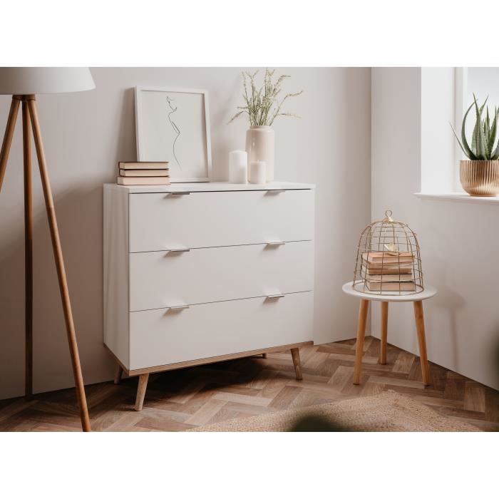 Commode Göteborg - 3 tiroirs - Décor blanc et chene - Style scandinave - L 79,8 x P 40 x H 86,5 cm