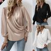 Women's V Neck Long Sleeve Blouse Loose Fit Solid Satin Surplice Ruched Smocked Cuff Lantern Sleeve Elegant Commuter Shirt