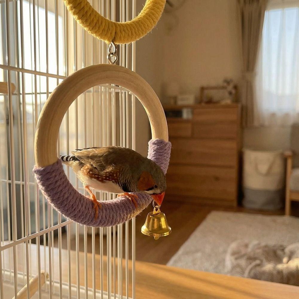 With Bell Bird Swing Toy Wood Hanging Parrot Ring Toy Bird Cage Perch  Climbing Play