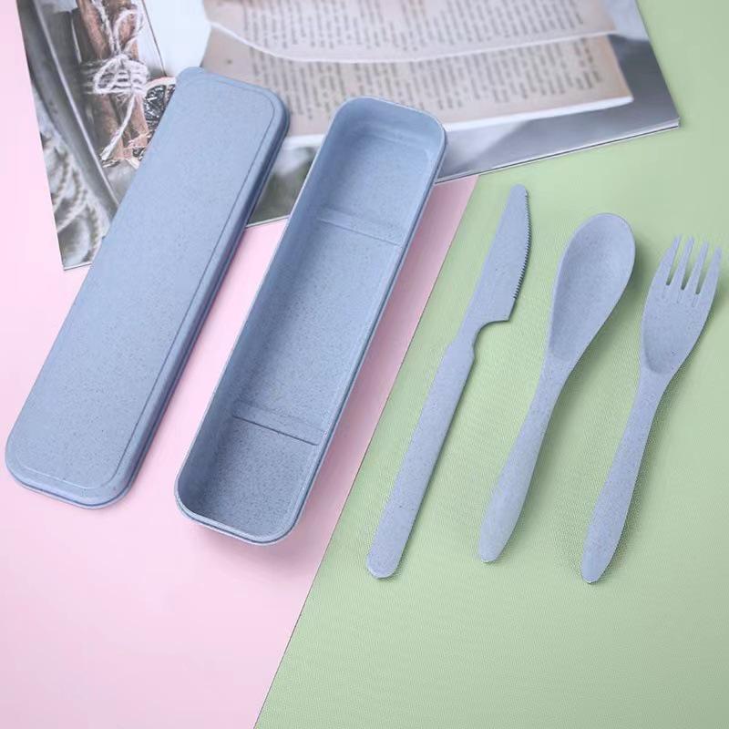 

Japanese Style Wheat Straw Cutlery Set: Portable Knife, Fork, Spoon with Case – Western Food Gift Box Three-piece set (with box) синий