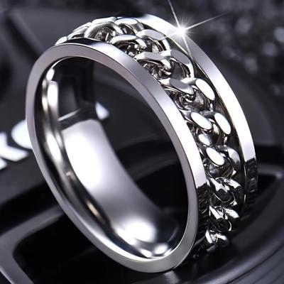 Stainless Steel Men's Woman Cool Rotatable Chain Ring Casual Finger Ring, Exquisite Men's Accessory Zircon