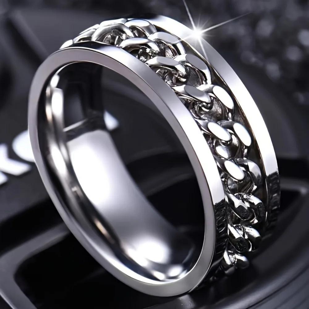 Stainless Steel Men's Woman Cool Rotatable Chain Ring Casual Finger Ring, Exquisite Men's Accessory Zircon