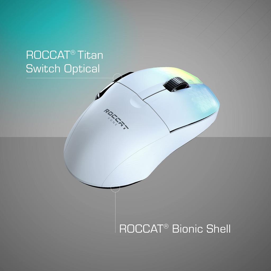 ROCCAT Kone Pro Air Wireless Gaming Optical Side Lightweight German Design Mouse, 2.4GHz/Bluetooth, White, Optical/19K Gold, Switches, Buttons, 75g,