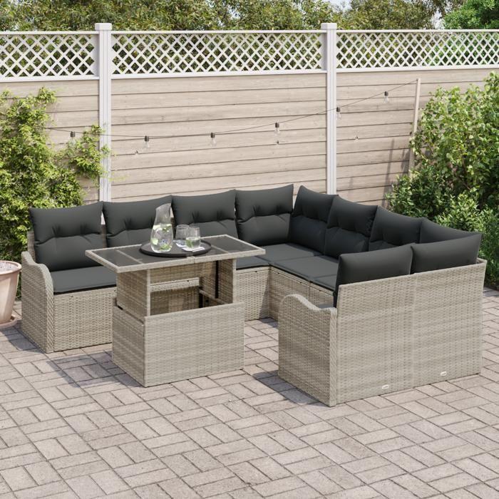 Ensemble de Canapés de Jardin 9 Pièces avec Coussins Gris Clair, Canapé de Jardin 2 Places avec Rangement & Coussins Gris 3357175