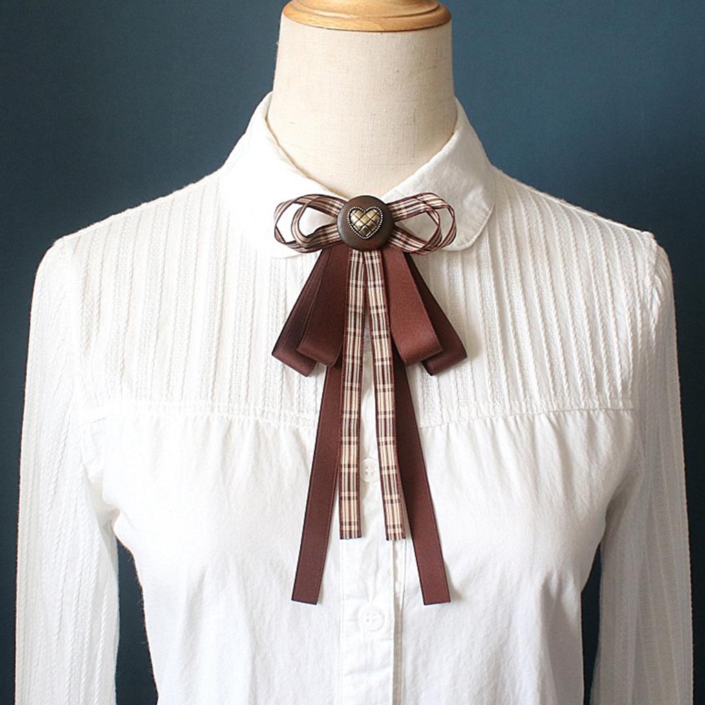 Vintage Brown Plaids Ribbon Bows Tie Brooch Pin for Women Girl Japanese Preppy Uniform Pre Tied Bowknot Corsage Necktie