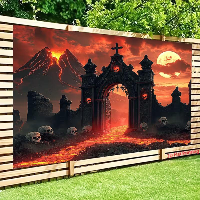 2D Fiery Underworld Backdrop Dark Gate with Lava River & Volcano Party Background Cloth