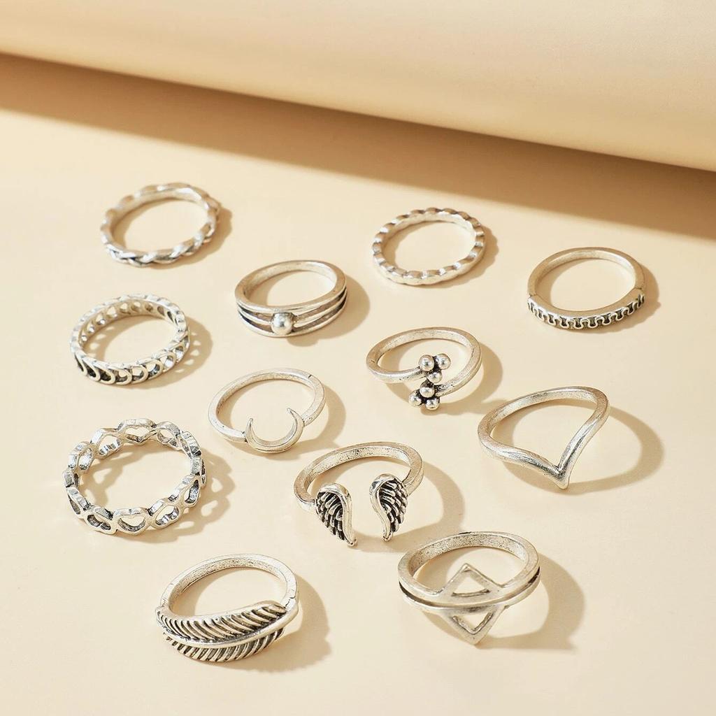 Vintage V-shaped Wing Joint Ring, Moon Love Leaf 12-piece Ring Set