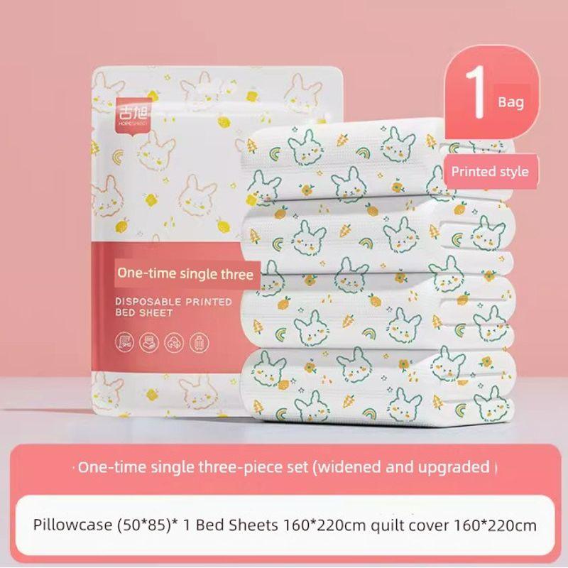 

Hotel Disposable Quilt Cover Bed Sheet and Pillowcase Quilt Cover Four-Piece Travel Travel Double Beddings Dirt-Proof Thickened Soft Soft Style Single three-piece [rabbit Print]]