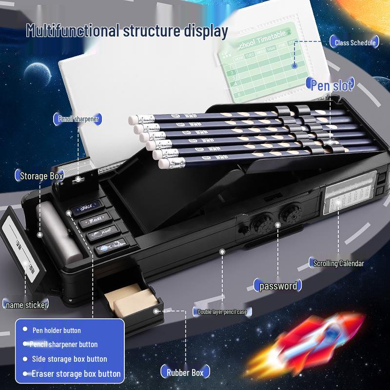 Kids Multi-Functional Pencil Case with Password Lock - Double Layer, Large Capacity for Boys and Girls