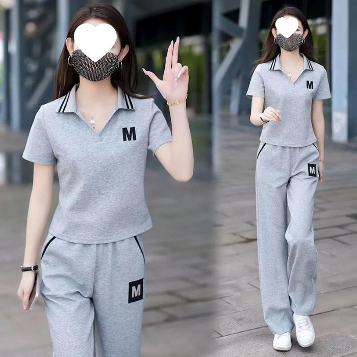 Casual Sportswear Set for Women - Summer Fashionable, Youthful, Short-sleeved, Straight-leg Pants That Slim The Figure and Hide Fat, A Two-piece Set.