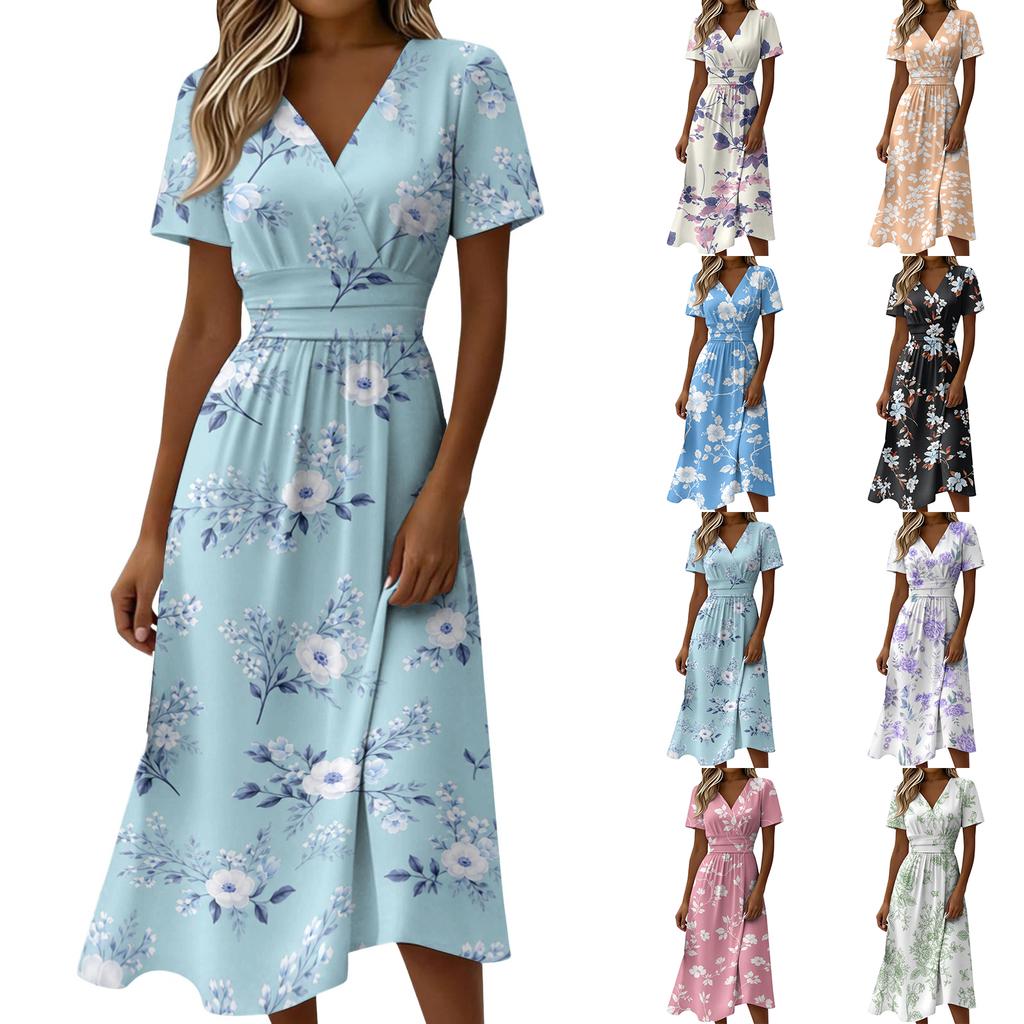 Women's Casual V Neck Waist Cinched Floral Print Short Sleeve Midi Dress Lightweight Comfortable Fabric Summer Dress
