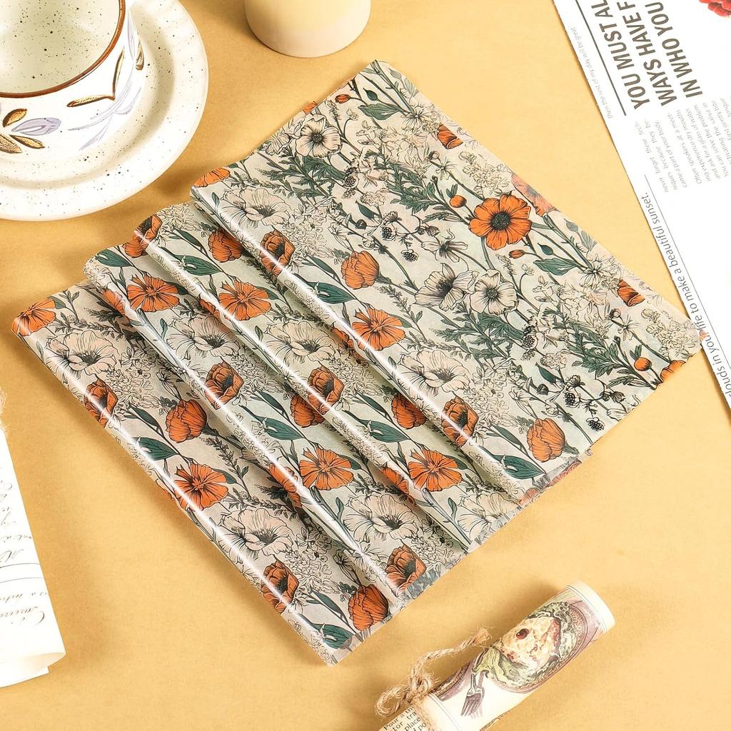 150 Sheets Orange Wildflower Garden Floral Wax Paper for Food Deli, 9.8'' x 8.3'' Retro Floral Greaseproof Deli Paper for Sandwich Picnic Basket