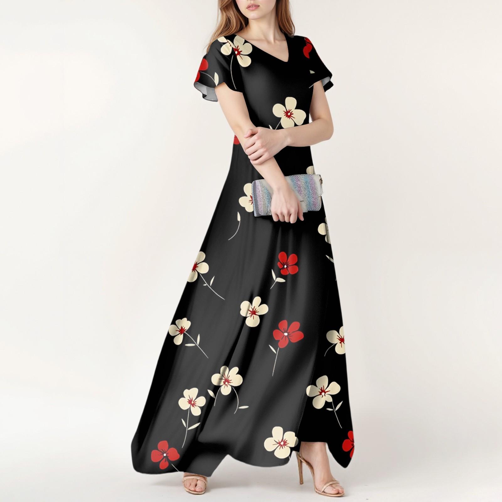 

Женское летнее повседневное модное платье с цветочным принтом и V-образным вырезом с коротким рукавом S чёрный