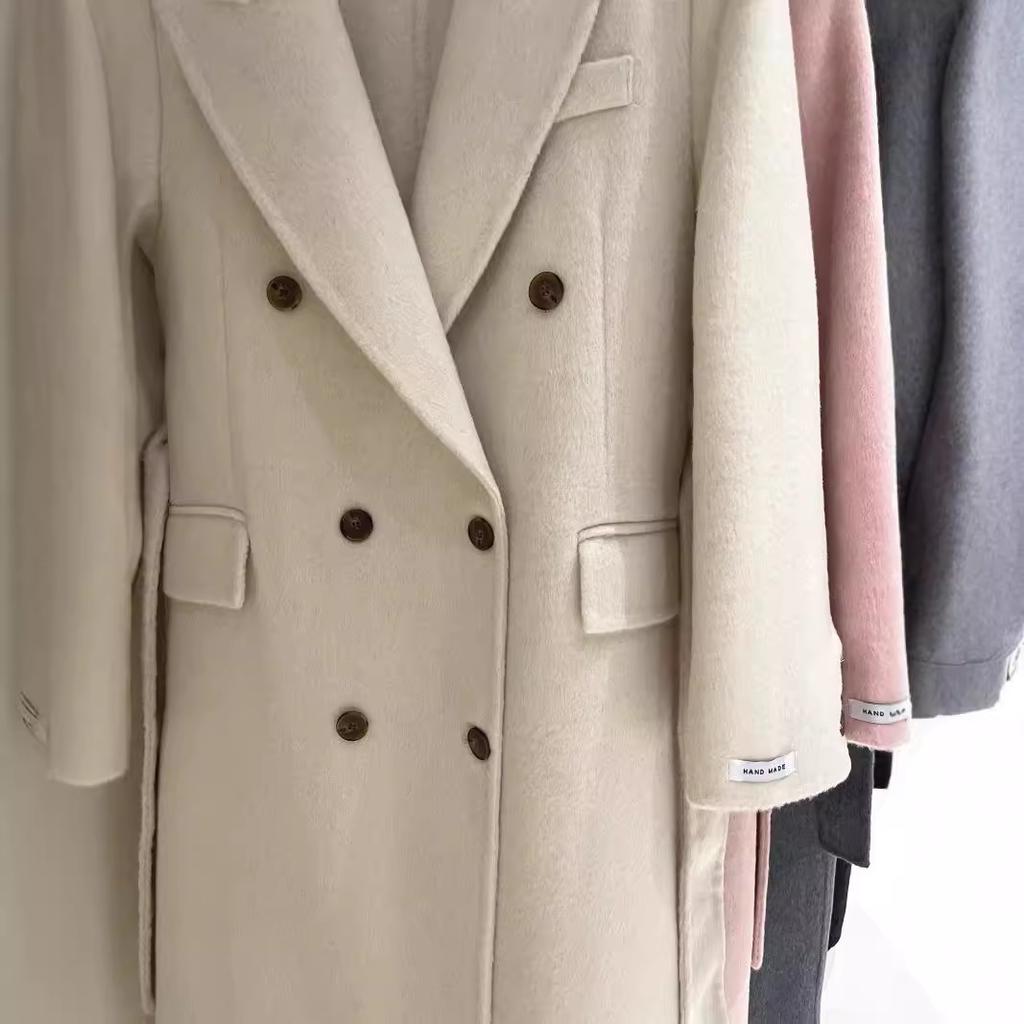 Autumn and winter belt double-sided fleece wool coat women's commuting Hepburn woolen thickened long barred collar jacket