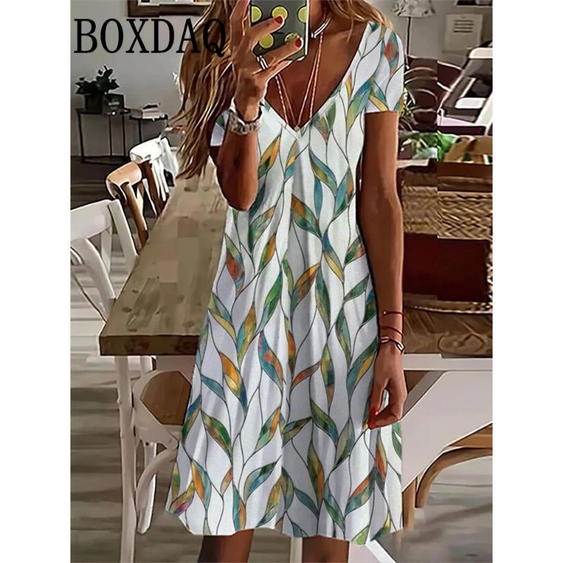 Women's Sundress Midi Dress Short Sleeve Floral Print Summer Casual V Neck Loose Dresses Plus Size 2024 Female Clothing Vestidos