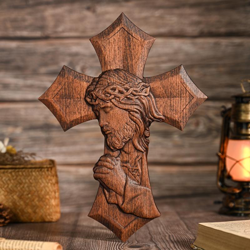 Religious Wooden Cross Hand-Carved Christian Jesus Praying Wall Wooden Sculpture for Home
