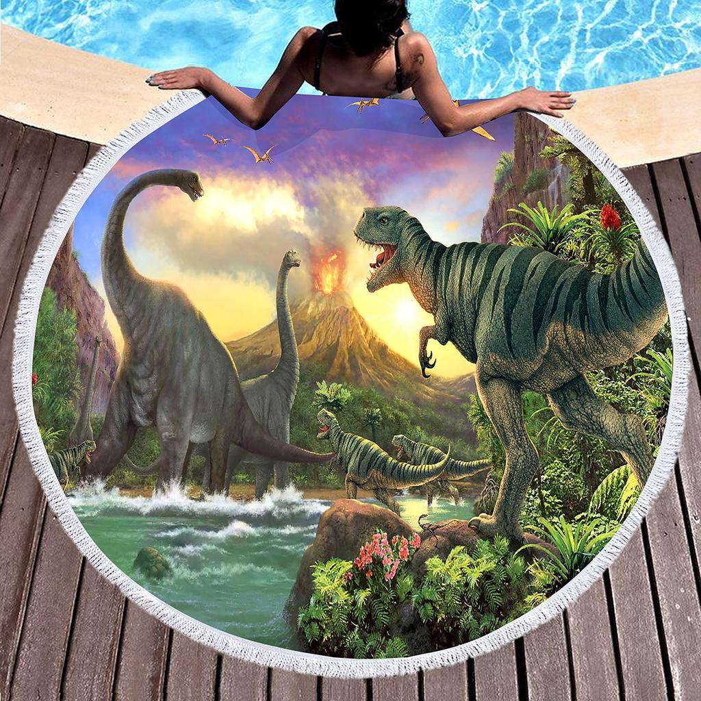 Jungle Wildlife Dinosaur Round Beach Blanket, Soft Microfiber Round Beach Blanket Sand Free Quick Dry Circle Bath Towel Yoga Mat