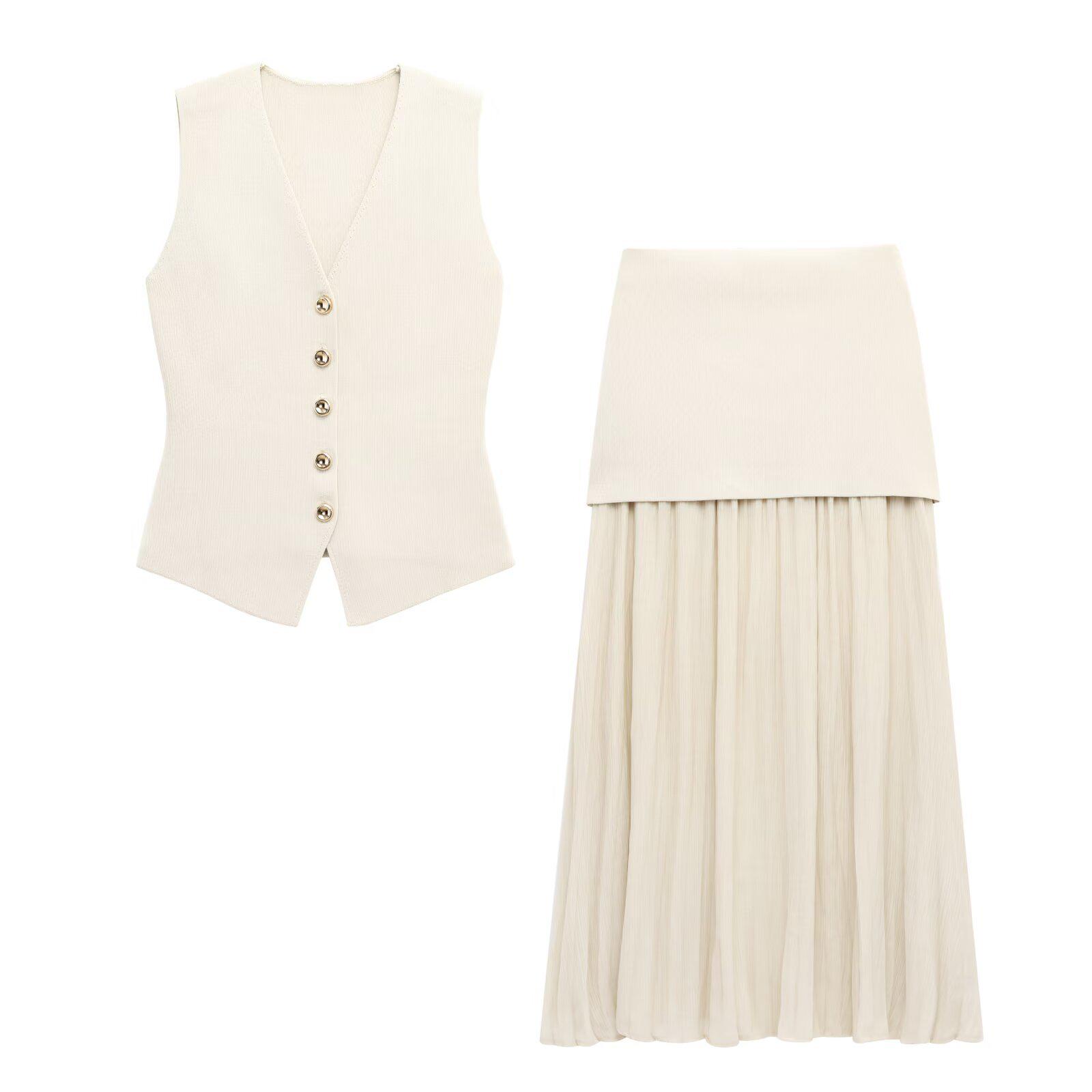 

2025 Spring Women s Street Fashion Knit Vest & Midi Skirt Set Small