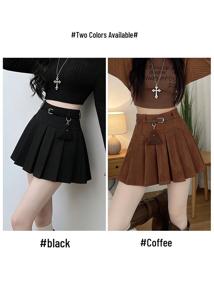 2026 Spring Retro Pleated High-Waisted Suede Skirt - Women's Slimming, Leg-Lengthening Academy Style
