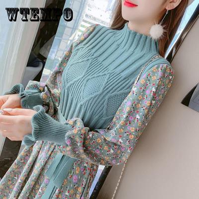 Women's Knitted Dress Autumn Winter New Long Sleeve Corduroy Floral Dress Female Elegant Sweater A-line Long Veatidos Belt