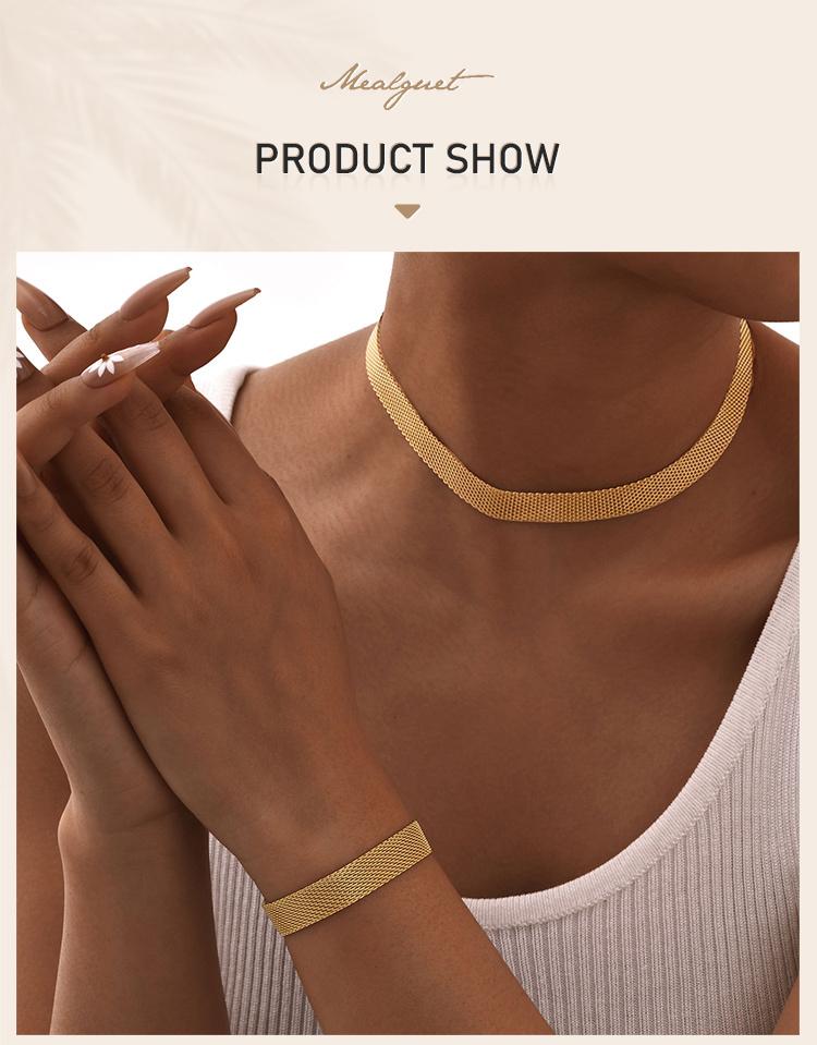 Women Minimalist Choker Mesh Link Chain Necklace, Stainless Steel Gold Plated Skeleton Jewelry